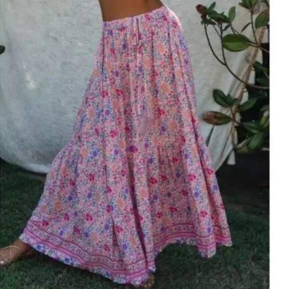 Boho Colorful Pink Floral Print Tassel Maxi Skirt - Picture 2 of 8